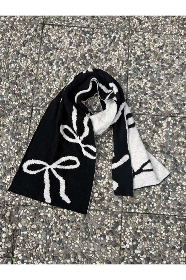 Bow Print Black & White Double-Sided Knit Wool-Blend Wrap Scarf 30x200 cm, 13% wool, 65% polyester, 22% acrylic, 30x200 cm