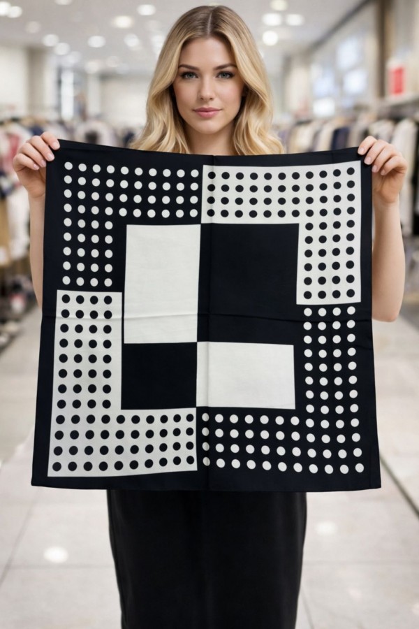 15348 Puantiye Desenli Siyah Bandana Fular 70x70 cm