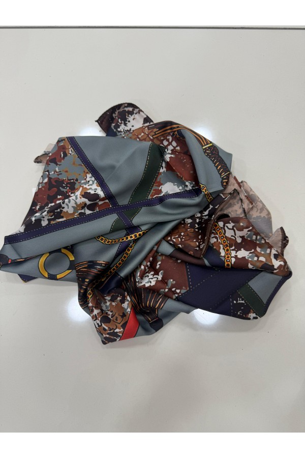 15358 Zincir Desenli Lacivert Çift Tarafı Baskılı Bandana Fular 90x90 cm