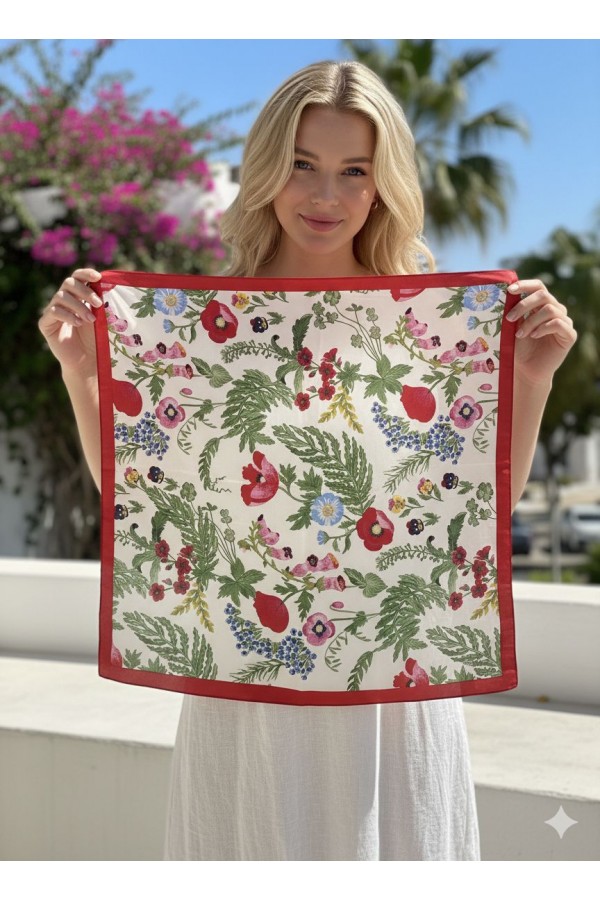 15367 Kırmızı Yaprak Desenli Bandana Fular 70x70 cm