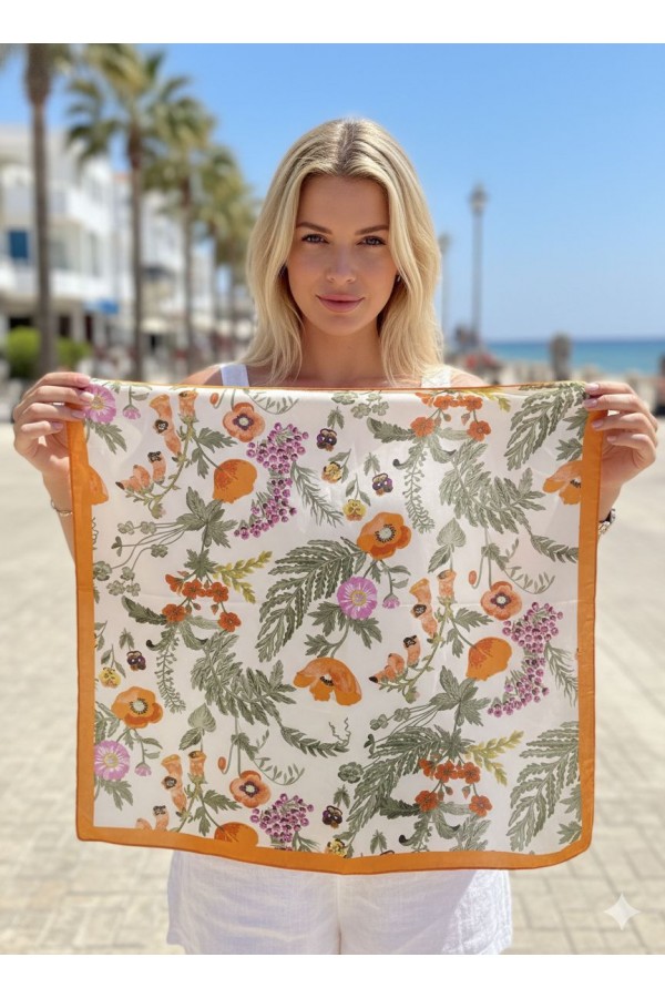 15367 Turuncu Yaprak Desenli Bandana Fular 70x70 cm
