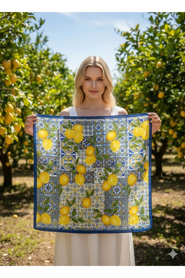 15370 Lacivert Limon Desenli Bandana Fular 70x70 cm
