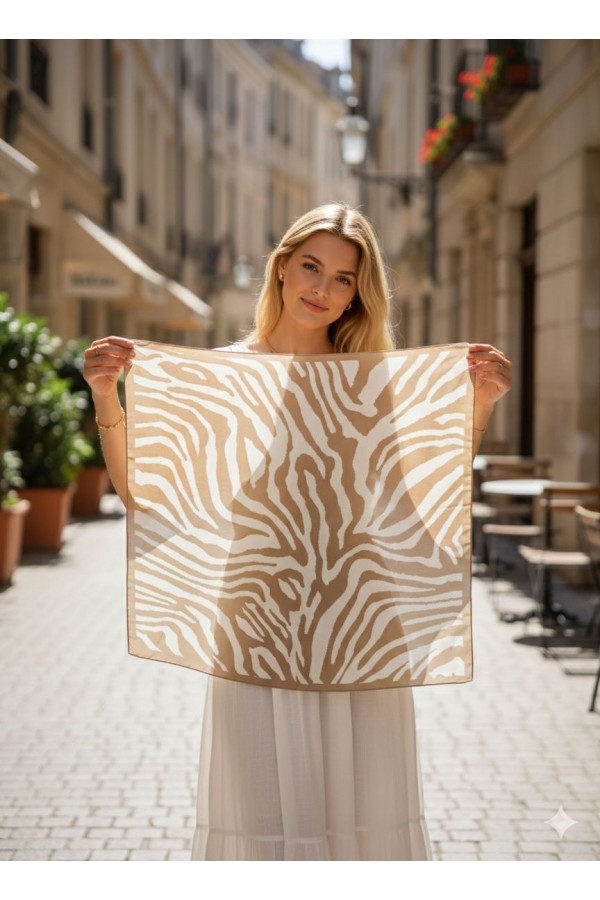 15372 Bej Zebra Desenli Bandana Fular 70x70 cm