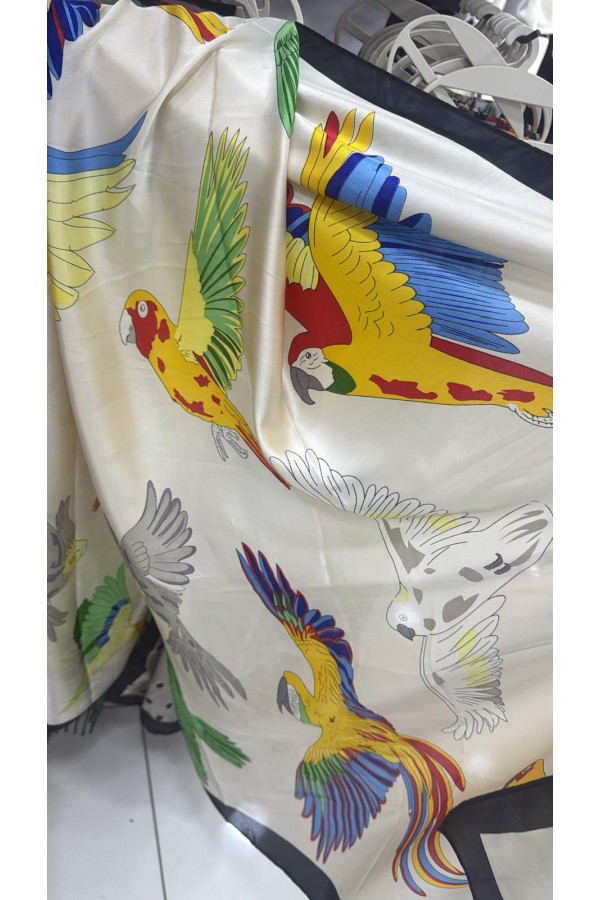 15396 Ekru Kuş Desenli Saten Şal 90x180 cm