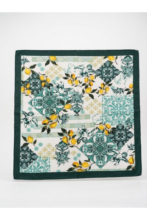 Green Lemon Print Bandana Scarf, 100% polyester, 70x70 cm