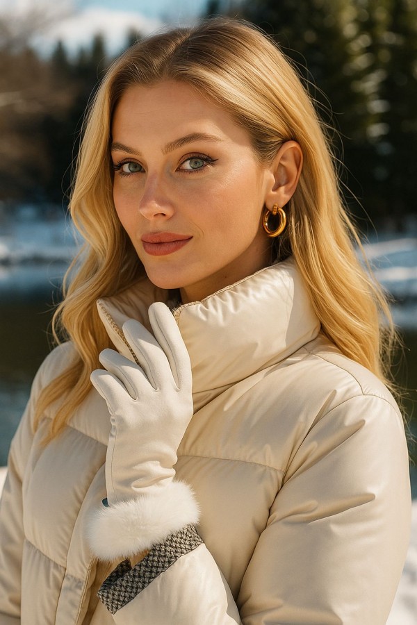 15700 Süet Bileği Kürklü Bej Dokunmatik Eldiven