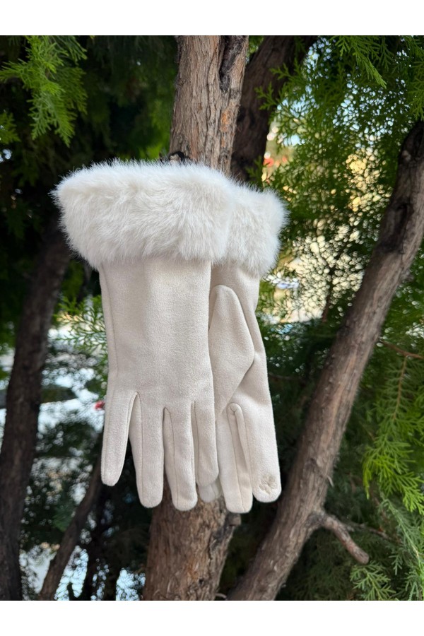15700 Süet Bileği Kürklü Bej Dokunmatik Eldiven