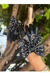 Kids' Black Ribbon-Eyelet Leather Gloves (Ages 8–12) - Nesvay Kids' Black Ribbon-Eyelet Leather Gloves (Ages 8–12), leather