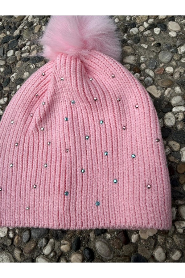 Triko Kumaş Ponponlu Taş Baskılı Pembe Çocuk Beresi 3-7 Yaş, %100 Akrilik