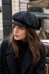 Stone-Embellished Black Newsboy Cap, fabric