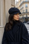 Stone-Embellished Black Newsboy Cap, fabric