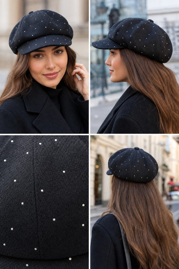 Stone-Embellished Black Newsboy Cap, fabric