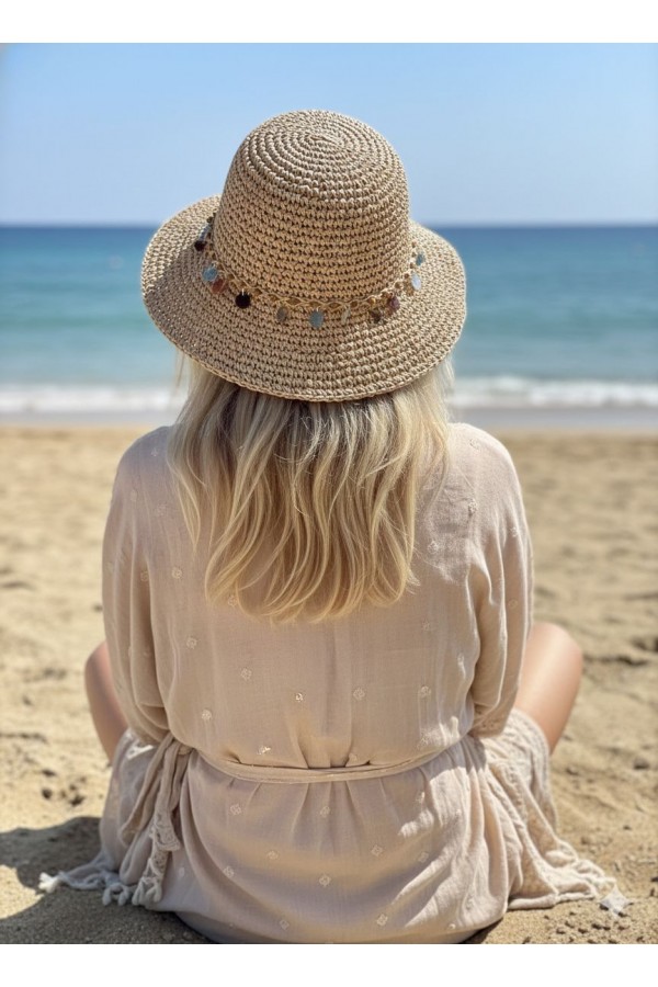 19025 Camel Boncuk Detaylı El Örgüsü Hasır Şapka