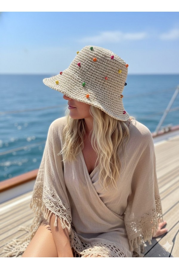 19026 Bej Renkli Boncuk Detaylı El Örgüsü Hasır Şapka