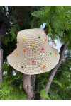 19026 Bej Renkli Boncuk Detaylı El Örgüsü Hasır Şapka