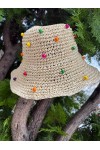 19026 Bej Renkli Boncuk Detaylı El Örgüsü Hasır Şapka