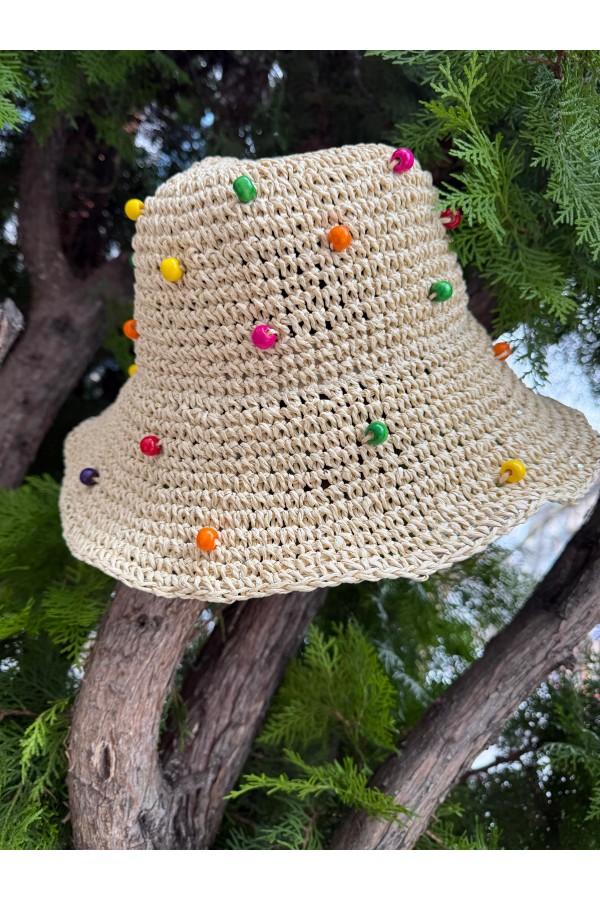 19026 Bej Renkli Boncuk Detaylı El Örgüsü Hasır Şapka