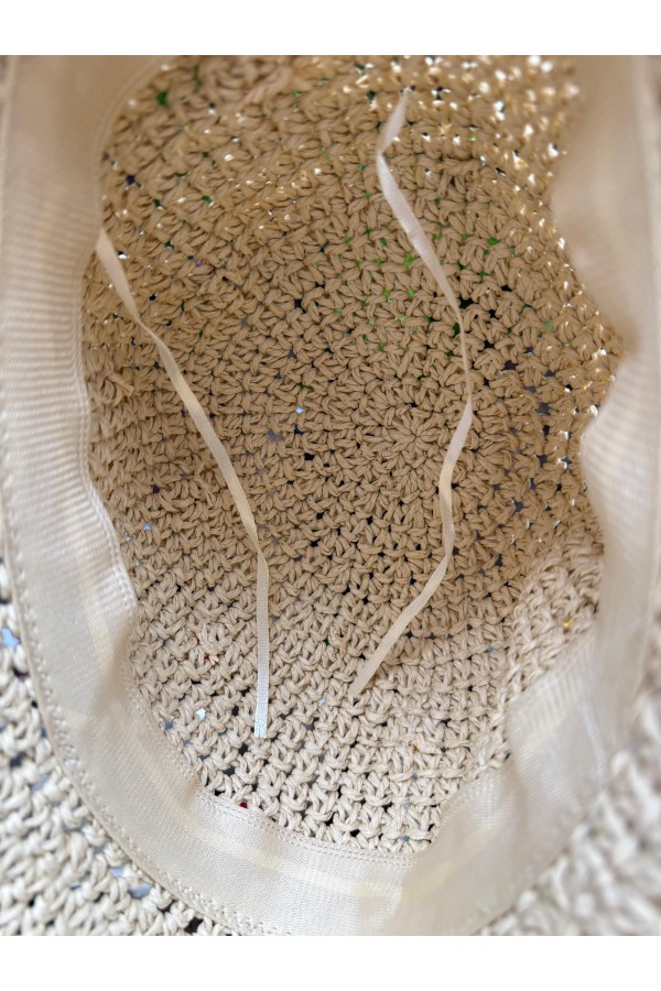 19026 Bej Renkli Boncuk Detaylı El Örgüsü Hasır Şapka