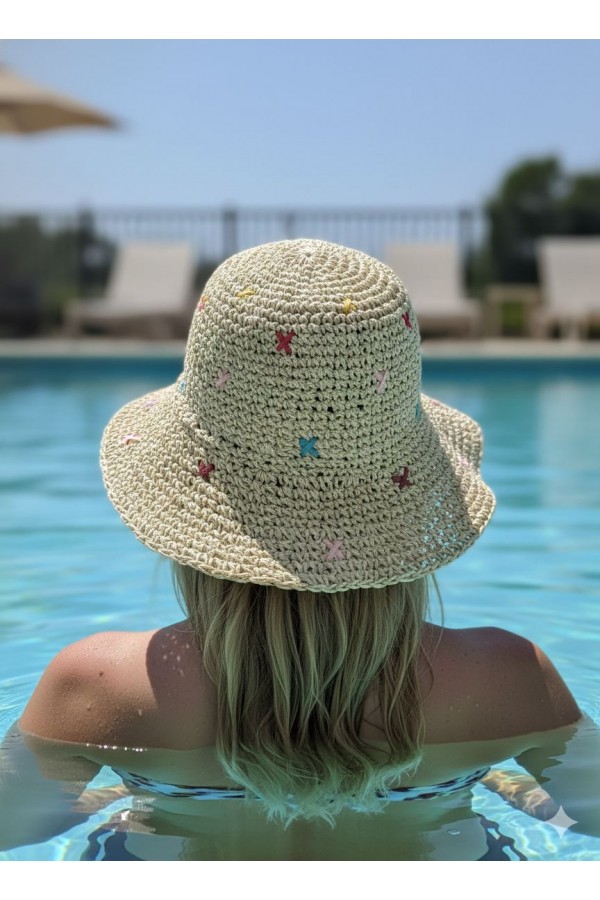 19028 Bej Renkli Yıldız Nakışlı El Örgüsü Hasır Şapka