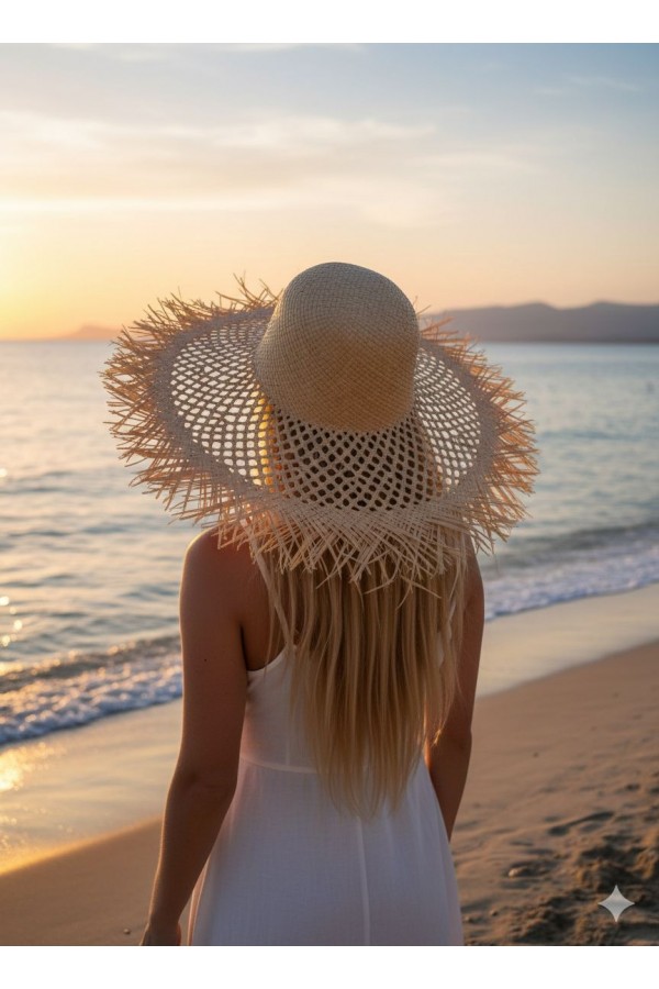 19033 Bej Saçaklı Hasır Şapka