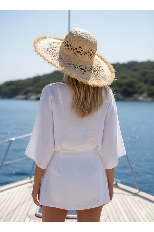 19035 Bej Saçaklı Hasır Şapka