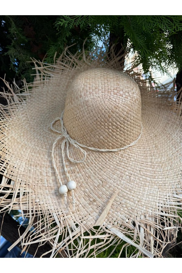 19036 Bej Saçaklı Hasır Şapka