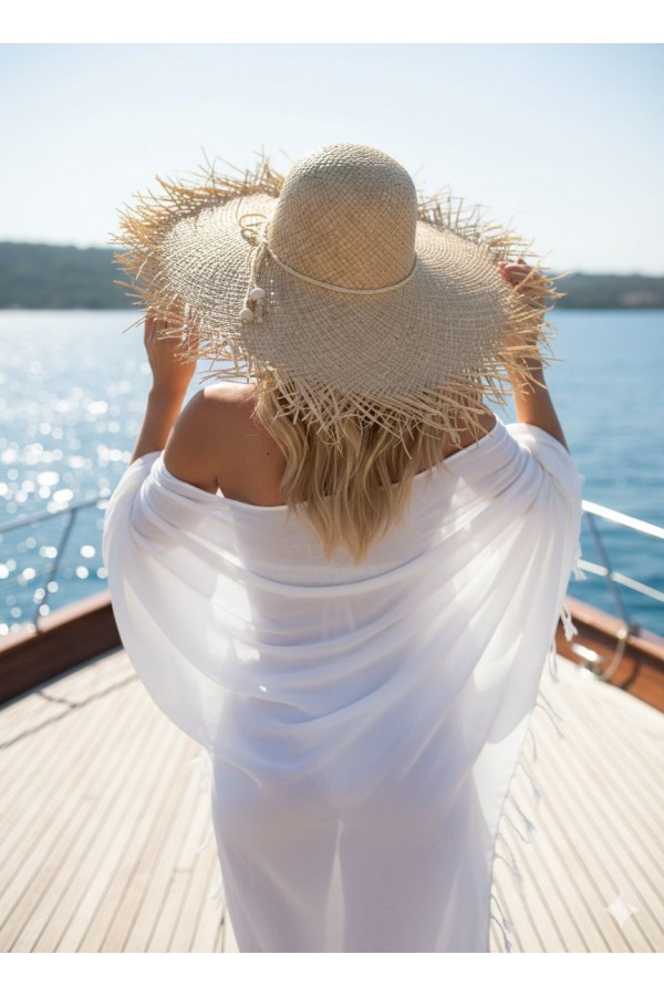 19036 Bej Saçaklı Hasır Şapka