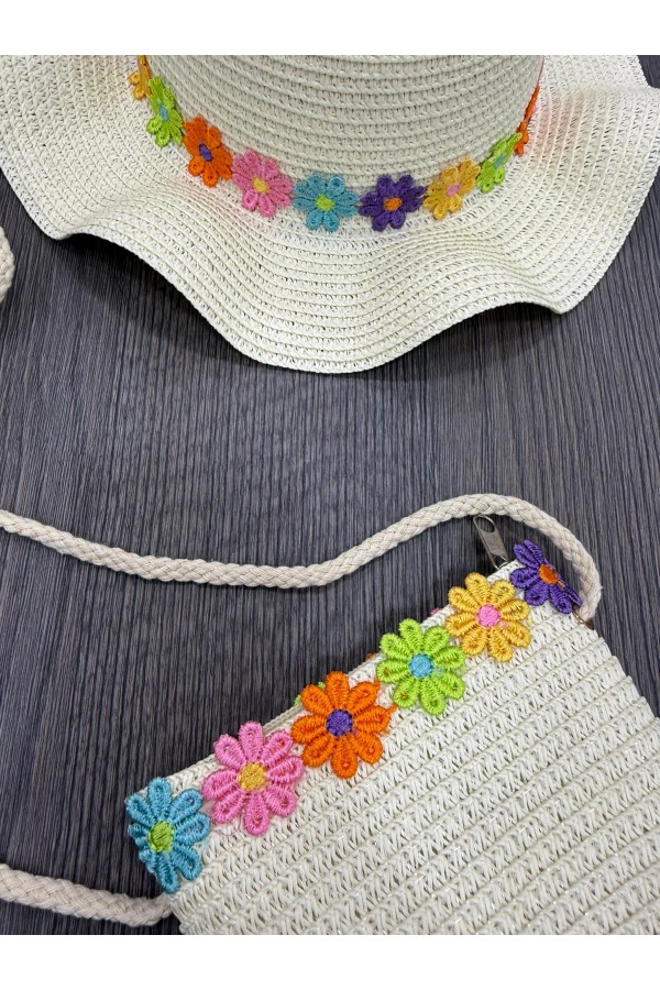 19051 Ekru Papatya Aksesuarlı Hasır Şapka Şapka ve Çanta İkili Set Takım