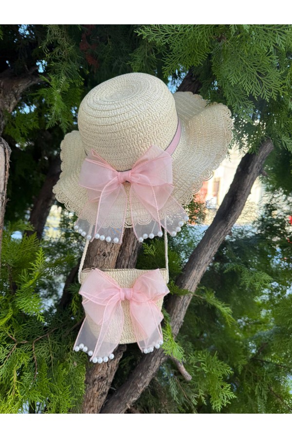 19054 Pembe Dantelli Aksesuarlı Hasır Şapka ve Çanta İkili Set Takım