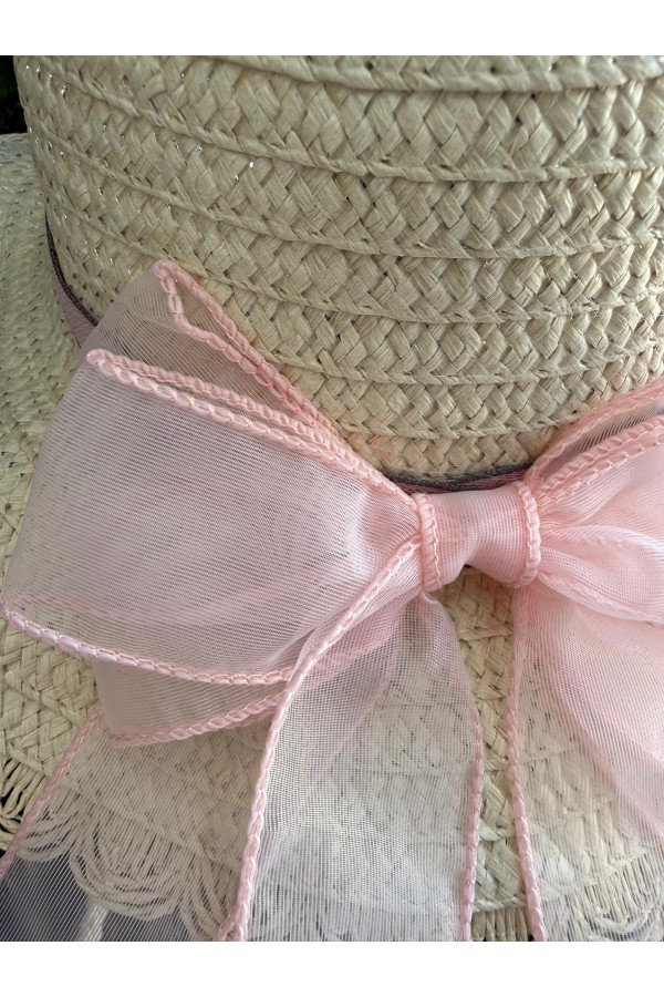 19054 Pembe Dantelli Aksesuarlı Hasır Şapka ve Çanta İkili Set Takım