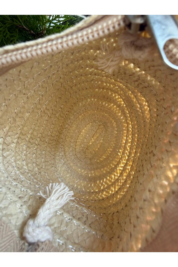 19054 Pembe Dantelli Aksesuarlı Hasır Şapka ve Çanta İkili Set Takım