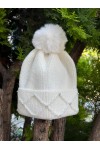 Ponponlu Taşlı Ekru Çocuk Beresi 5-9 Yaş, %70 Akrilik %30 Polyester
