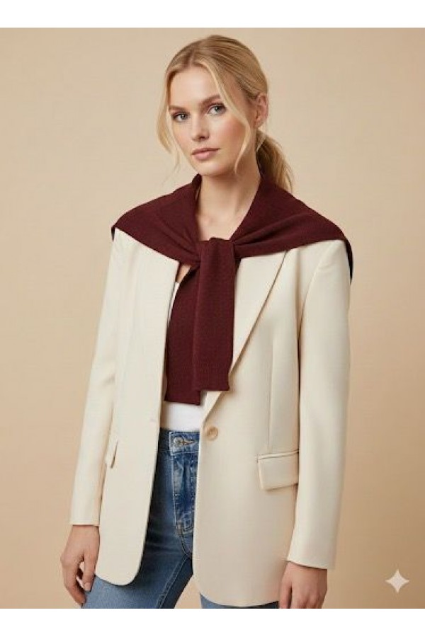 Burgundy Tie-Front Shrug, knit-look fabric, 51x125 cm
