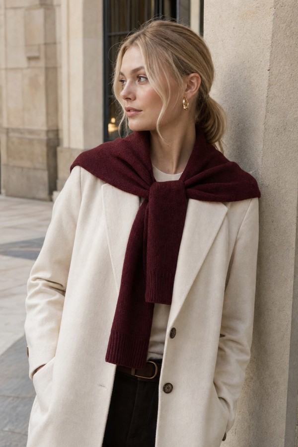 Burgundy Tie-Front Shrug, knit-look fabric, 51x125 cm