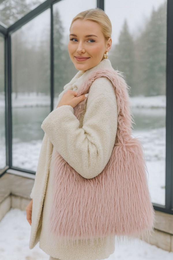 NWC-003 İtalyan Saçaklı Pembe Peluş Çanta