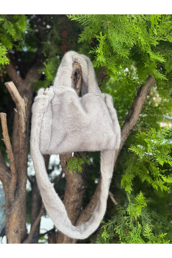 NWC-018 Peluş Gri El ve Omuz Çantası 28x23x11 cm
