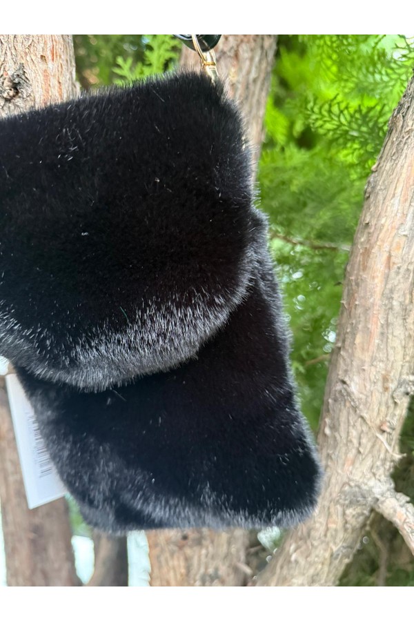 Peluş Siyah Mıknatıslı Mini Çanta, %100 Polyester Peluş