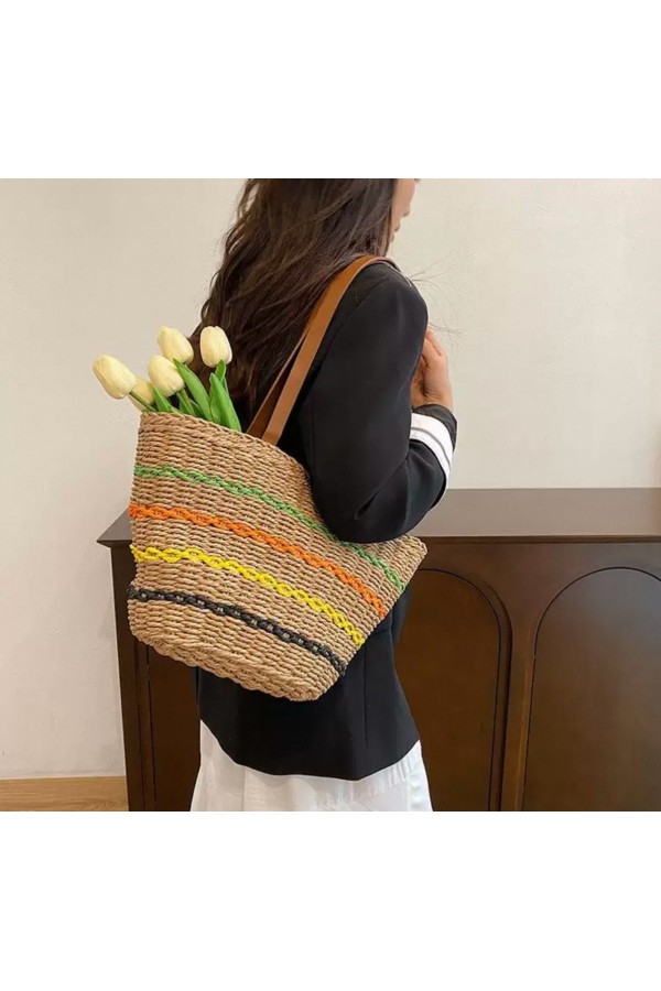 NWC-1017 Şeritli Camel Hasır Çanta