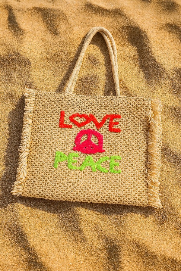 NWC-1021 Nakışlı Bej Hasır Çanta