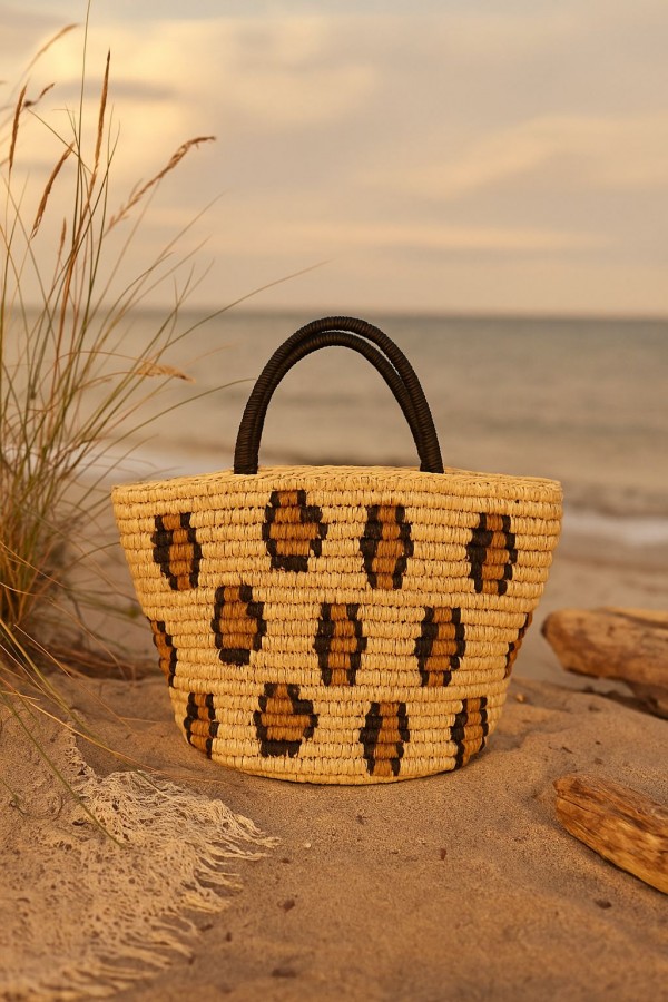 NWC-1024 Leopar Nakışlı Bej Hasır Çanta