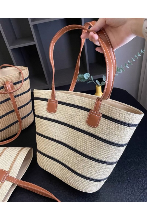 NWC-1043-1 Çizgili Bej Siyah Hasır Çanta