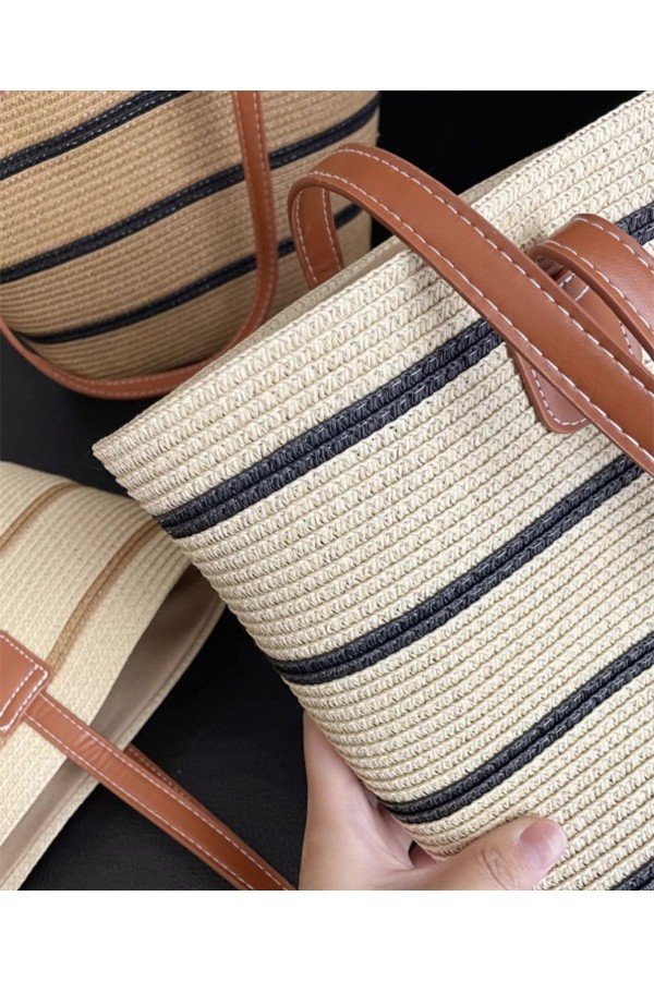 NWC-1043-1 Çizgili Bej Siyah Hasır Çanta