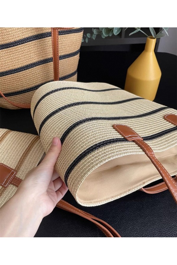 NWC-1043-1 Çizgili Bej Siyah Hasır Çanta