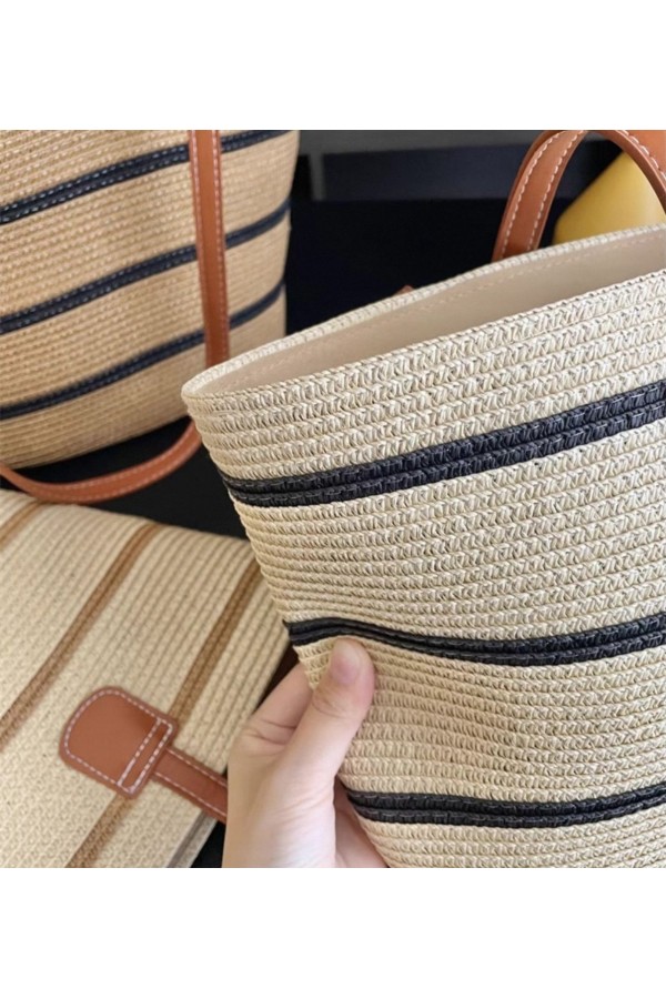 NWC-1043-1 Çizgili Bej Siyah Hasır Çanta