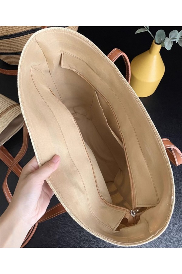 NWC-1043-1 Çizgili Bej Siyah Hasır Çanta