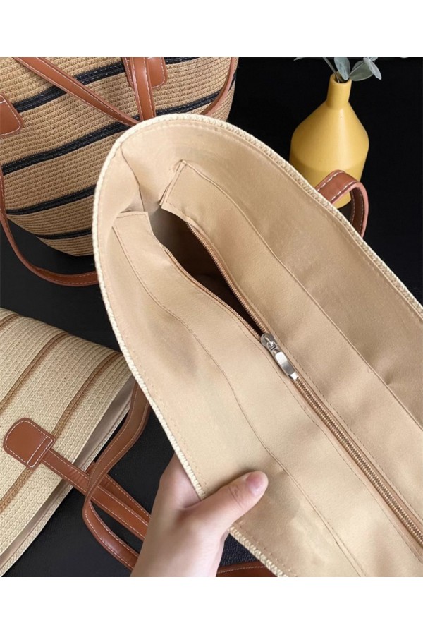 NWC-1043-1 Çizgili Bej Siyah Hasır Çanta