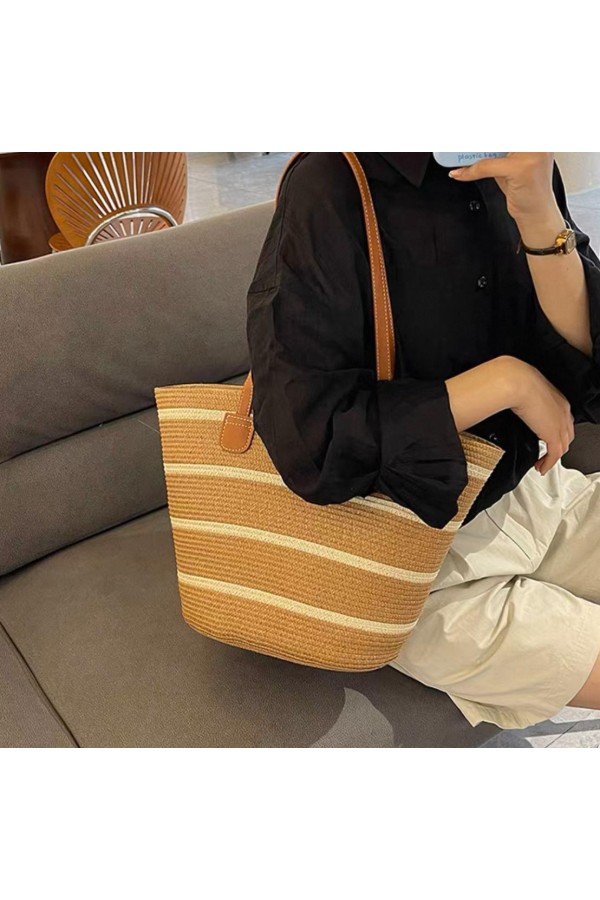 NWC-1043-1 Çizgili Camel Bej Hasır Çanta
