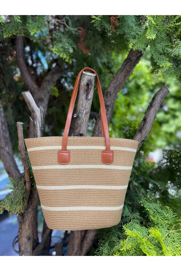 NWC-1043-1 Çizgili Camel Bej Hasır Çanta