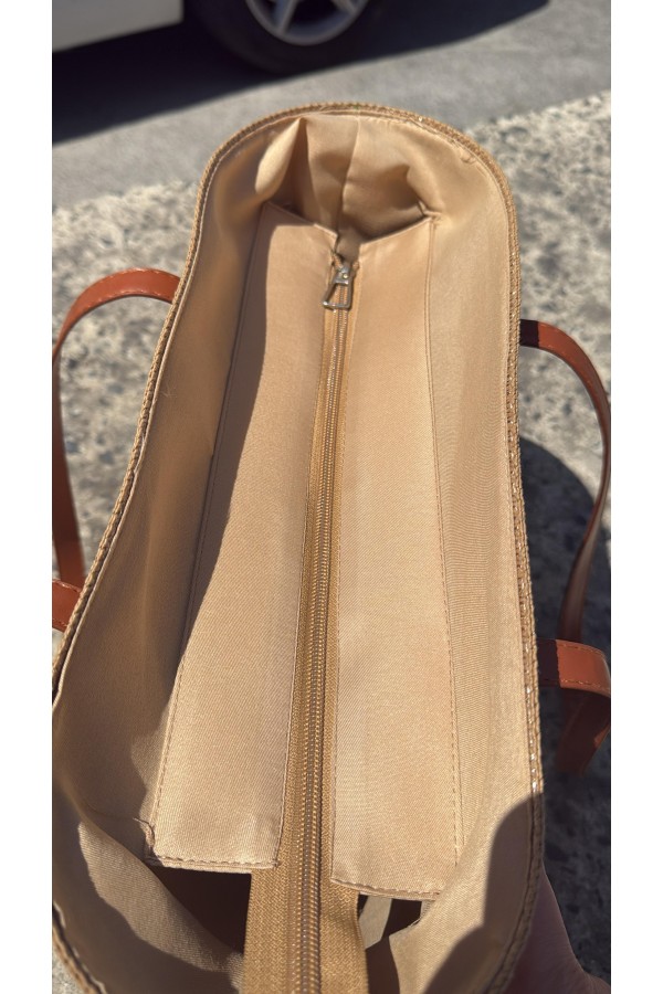 NWC-1043-1 Çizgili Camel Bej Hasır Çanta
