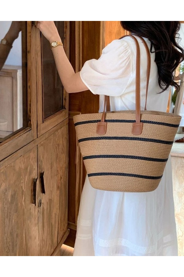 NWC-1043-1 Çizgili Camel Siyah Hasır Çanta